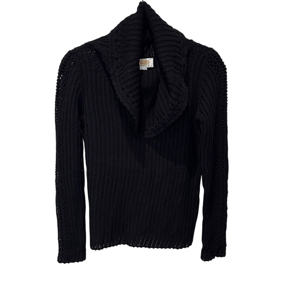 Talbots Petites Black Knit Sweater Open‎ Weave Shawl Collar Comfortable